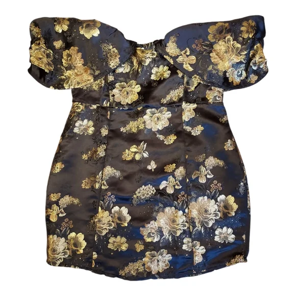 NWT Pretty Little Thing Black & Gold Floral Jacquard Strapless Mini Dress 10 - Picture 7 of 12
